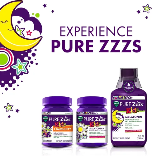 Vista 4 de Pure Zzzs Kidz + Immunity de Vicks, Gomitas de melatonina para dormir para niños y niños, zinc para apoyo inmunológico, melatonina en dosis bajas
