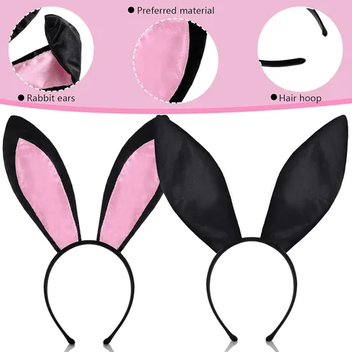 Vista 5 de WILLBOND 10 piezas de disfraz de conejo para mujer, diadema de orejas de conejo, collar de conejo, corbatín, puños y cola, juego de regalo