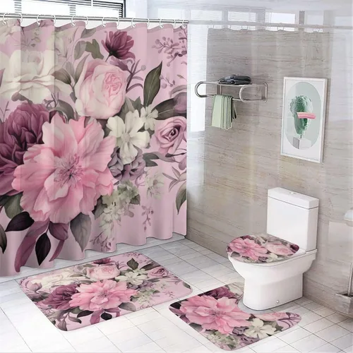 Vista 13 de Juego de 4 cortinas de ducha con alfombras, juego de baño con cortina de ducha y alfombras, 4 piezas, flores femeninas, lila, rosa, rubor, verde