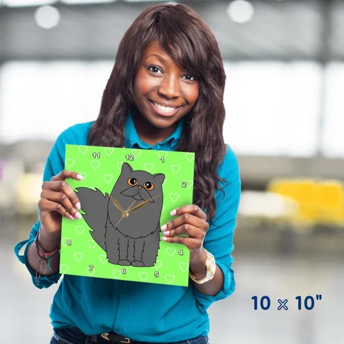 Vista 2 de 3dRose LLC Reloj de pared gris de pelo largo/gato persa con corazones verdes, 10 x 10 pulgadas