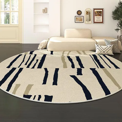 Vista 10 de Modernas alfombras redondas de color marfil a rayas negras para dormitorio, sala de estudio, simple moda abstracta, alfombra de área circular de 2