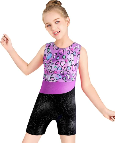 Vista 3 de Leotardo de gimnasia con shorts para niñas, sin mangas, para ciclismo, con diseño de mariposas y flores con brillo, color negro y rosado intenso