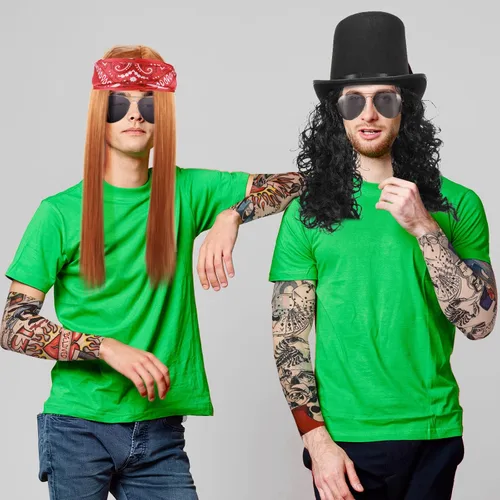Vista 6 de Cindeer Juego de 8 piezas de disfraz de disco rockero de los años 80, incluye peluca rockera, mangas temporales de tatuaje, sombrero negro, diadema