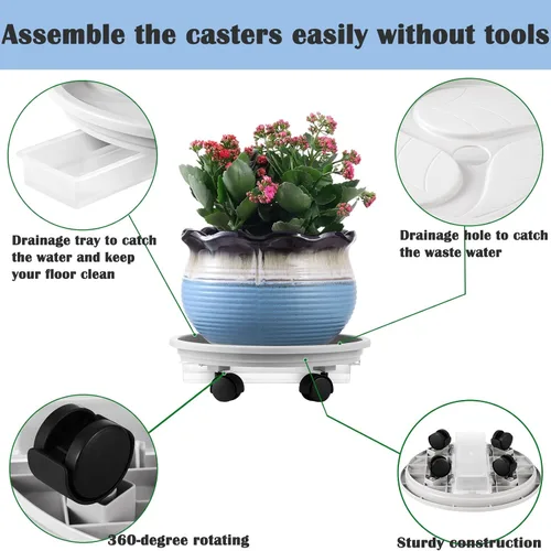Vista 2 de Paquete de 4 soportes rodantes para plantas de 13 pulgadas con ruedas, bandeja de drenaje y ruedas, plataforma de plástico resistente para mover