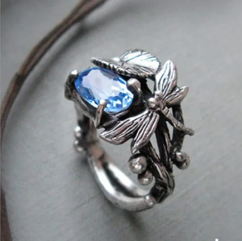 Vista 3 de Anillos vintage de plata tailandesa 925 plata tailandesa topacio azul hoja de loto libélula anillos boda fiesta joyería regalo