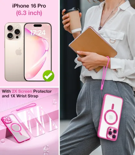 Vista 2 de Meifigno Candy Frosted Series - Funda para iPhone 16 Pro de 6.3 pulgadas, 2 protectores de pantalla y correa de muñeca, compatible con MagSafe