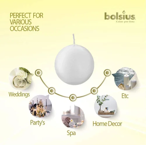Vista 4 de Bolsius Juego de 10 velas de bola blanca sin perfume de 2.75 pulgadas, calidad europea premium, sin goteo y sin humo, ideal para bodas, fiestas