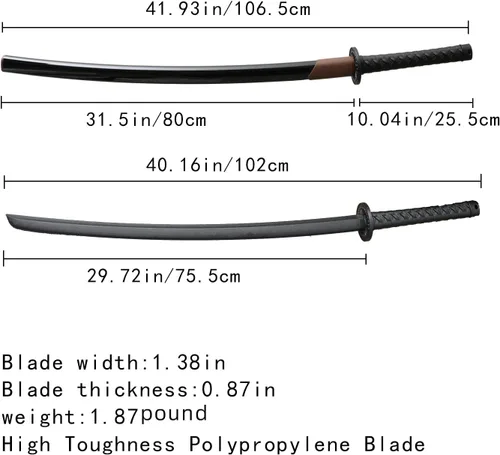 Vista 2 de con funda de espada Katana, aproximadamente 41 pulgadas, hoja de polipropileno de alta dureza para realizar accesorios de cosplay Aikido