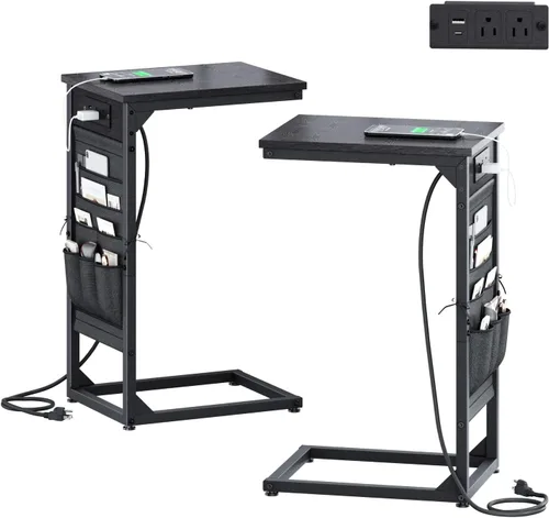 Vista 12 de Mesa auxiliar en forma de C con estación de carga rápida, mesa lateral pequeña para sofá con bolsa de almacenamiento, bandeja de TV para sofá