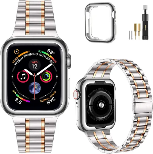 Vista 10 de MioHHR - Correas sólidas de acero inoxidable compatibles con Apple Watch de 38 mm, 40 mm, 41 mm, correa de metal con estuche suave de TPU para Negro