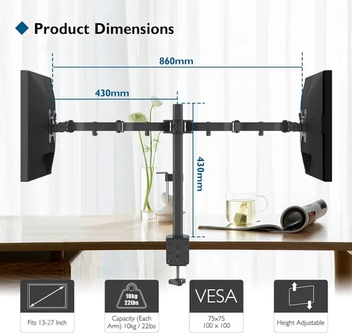Vista 5 de BONTEC Soporte de escritorio para monitor doble, soporte de monitor ajustable de movimiento completo para pantallas de 13 a 27 pulgadas, brazos