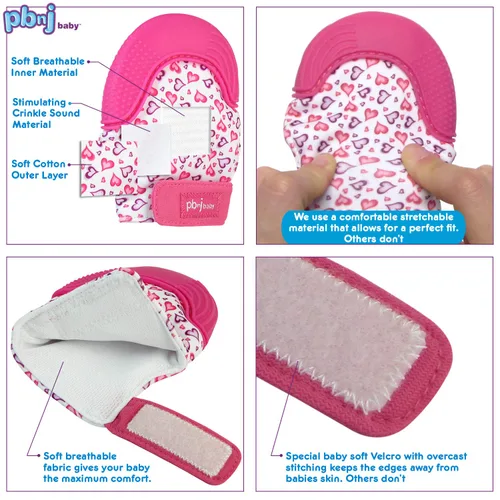 Vista 3 de PBnJ Baby Manopla de dentición de silicona con texturas sensoriales, juguete para morder, paquete de 2 Chupete de dentición, juguete de dentición