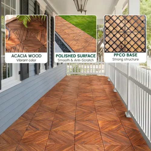 Vista 8 de BEEFURNI 10 azulejos entrelazados de 12 x 12 pulgadas, patrón diagonal, cubierta de madera de acacia impermeable para todo tipo de clima, patio