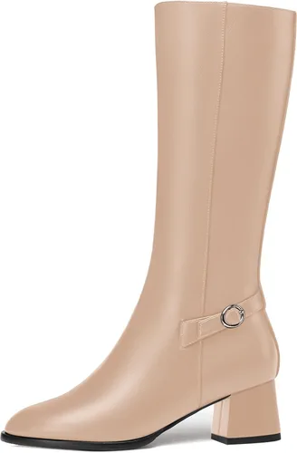 Vista 2 de AMBELIGHT Botas de tacón bajo grueso para mujer, con puntera redonda, color liso, con cremallera, 2 pulgadas