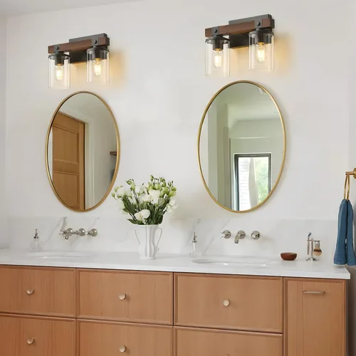 Vista 5 de Lámpara de tocador de granja para baño, accesorios de iluminación rústica de madera Luces de baño de 2 luces sobre espejo vintage de pared