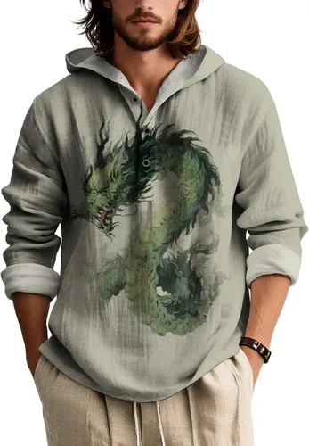 Vista 24 de Sudadera con capucha con estampado novedoso para hombre, multiestilo, manga larga, casual, con botones de un cuarto