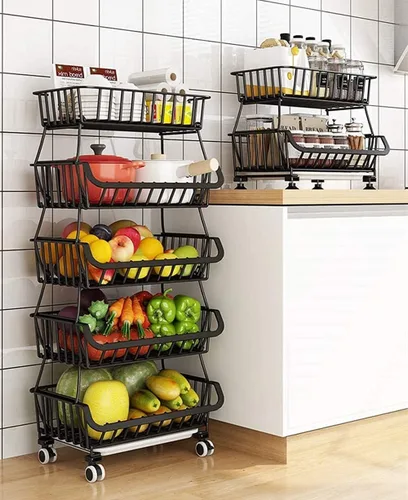 Vista 8 de Cestas de almacenamiento de cocina de 5 niveles con ruedas, cestas de metal para frutas y verduras, carrito de almacenamiento para despensa, carrito