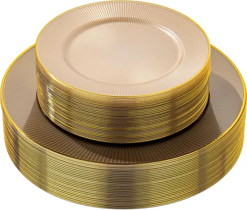 Vista 12 de Hioasis 60 piezas de platos de plástico negro - Juego de vajilla desechable con borde dorado, martillado, resistente, adecuado para 30 invitados