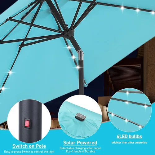 Vista 3 de Sombrilla solar de patio de 10 pies con base, 32 luces LED, sombrilla de mercado al aire libre con botón de inclinación y grietas para jardín Azul