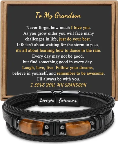 Vista 8 de Regalos únicos para hombres, pulsera de cuero para hombres, papá, novio, hijo, nieto, hermano, te amo para siempre, piedra ojo de tigre, día