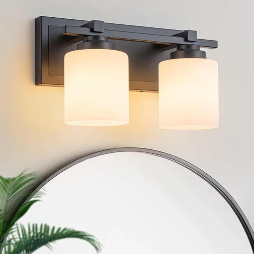 Vista 10 de 1 Luminaria Moderna de Baño sobre Espejo, Luces de Tocador Negro Dorado para Apliques de Pared de Baño con Pantallas de Vidrio Blanco Lechoso