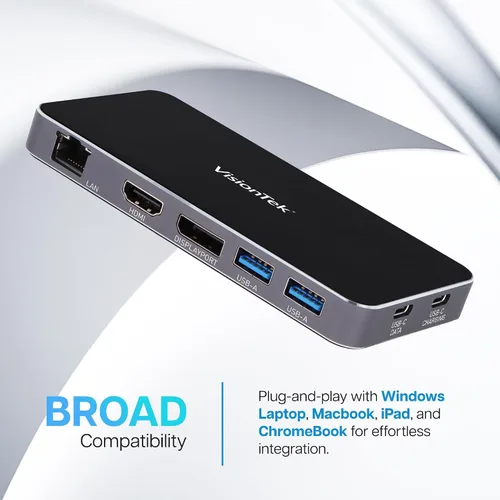 Vista 2 de VisionTek VT350 Hub portátil USB-C para monitor dual, 1 DP, 1 HDMI, 2 USB-A, 1 Ethernet, 1 USB-C para Windows/MacOS/ChromeOS/iOS Dual Display via