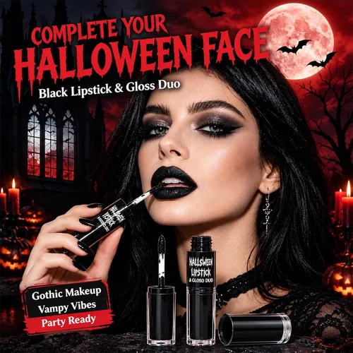 Vista 8 de Lápiz labial negro 2 en 1 para maquillaje de Halloween, brillo de labios 01#