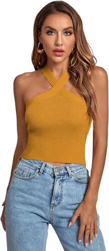 Vista 3 de Umenlele Camiseta corta sin mangas con cuello halter cruzado para mujer