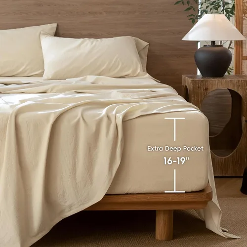 Vista 2 de MooMee Sábana bajera ajustable de solo 100% algodón lavado con textura parecida al lino, transpirable, duradera, suave, cómoda, bolsillo profundo