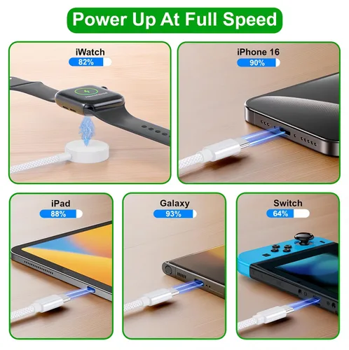 Vista 3 de Cable USB C 3 en 2 mejorado para cargador de Apple Watch (4 pies/1.2M) Cable de carga rápida múltiple USB C de viaje compatible con iWatch Ultra