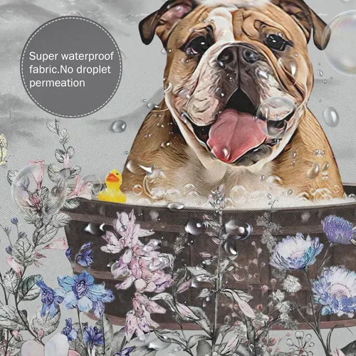Vista 4 de jamie world Cortina de ducha de granja en blanco y negro, divertida cortina de ducha floral de bulldog para baño, cortina de ducha de animales, tela