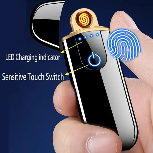 Vista 5 de Encendedor electrónico inteligente dorado – Mini USB recargable, resistente al viento, encendido táctil, plasma, con indicador de encendido