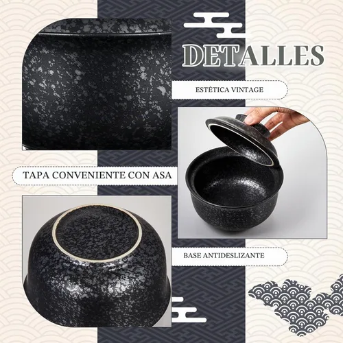 Vista 3 de SiliFine Juego de 2 cuencos de cerámica para ramen con tapa, olla de arcilla para microondas de 25 onzas, vajilla tradicional japonesa, olla de Negro