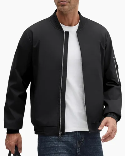 Vista 23 de Polu Chaquetas bomber para hombre con bolsillos, chaquetas cortavientos ligeras, cremallera de 2 vías, abrigo casual de negocios para otoño e