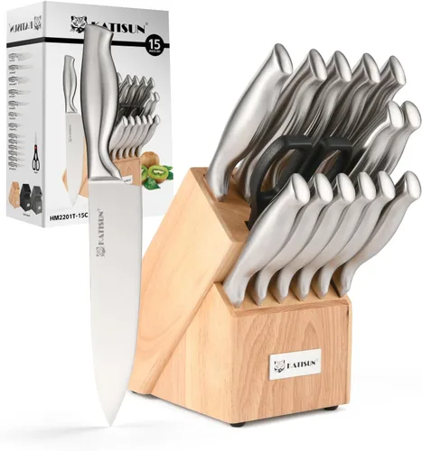 Vista 11 de Juego de cuchillos de cocina de 15 piezas con afilador integrado, juego de bloques de cuchillos de acero inoxidable alemán, apto para lavavajillas