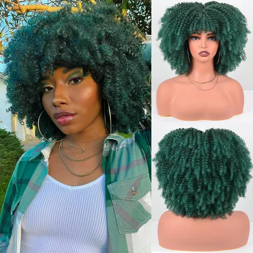 Vista 23 de Vitorish Peluca corta afro rizada con flequillo para mujeres negras, peluca sintética resistente al calor, color negro natural, para uso diario