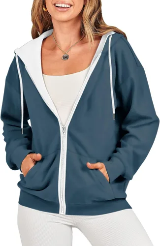 Vista 2 de Sudadera con capucha y cremallera para mujer, manga larga, cordón ajustable, ajuste delgado, ligero, moderno, para otoño, con bolsillos, 2023