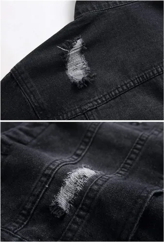 Vista 5 de LZLER Chaquetas de mezclilla para hombre, desgastadas, clásicas, vintage, ajustadas, rasgadas, a la moda, 2024, chaquetas de mezclilla de camionero