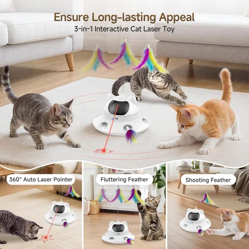 Vista 2 de Juguete láser para gatos, juguete automático interactivo 3 en 1 para gatos de interior, 5 patrones de luz láser roja ajustables, sensor inteligente
