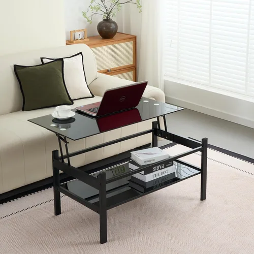Vista 10 de Mesa de centro elevable con almacenamiento, mesas de centro modernas de vidrio negro para sala de estar, 37.8 pulgadas rectangular de vidrio