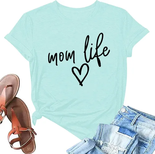 Vista 2 de Camisa Lotucy con letras impresas «Mom Life», «Tired Mom», «Blessed Mama», de manga corta, para mujer Verde-1