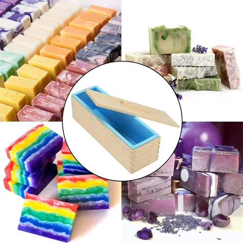 Vista 7 de Juego de 3 moldes de jabón de silicona de 42 onzas, kit de moldes de barra rectangular para hacer jabón con cajas y tapas de madera, moldes de jabón