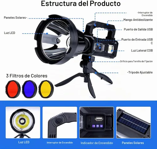 Vista 6 de Foco solar recargable, 2,000,000 lúmenes de alta potencia, luces LED para exteriores, linterna de mano súper brillante de largo alcance con 6 modos