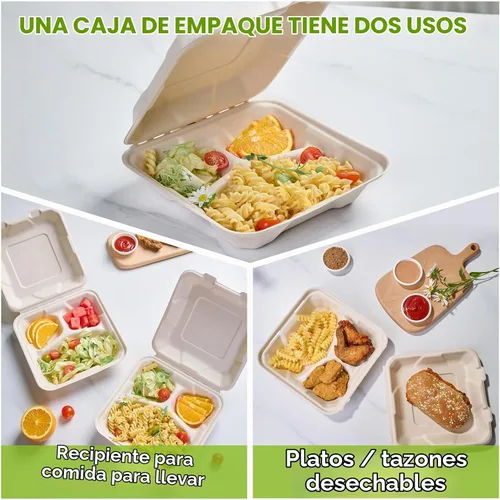 Vista 4 de ECOLipak Paquete de 300 recipientes con forma de ostra para llevar, 100% compostables y desechables, recipientes para llevar comida de 20,3 x 20,3 3