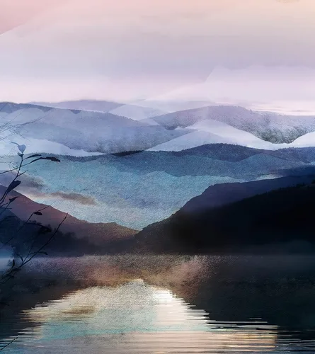 Vista 2 de Papel tapiz de montaña, papel tapiz extraíble. Pintura de acuarela de pared de retiro de vista de montaña. Papel tapiz de guardería, mural despegar