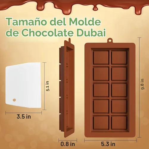 Vista 2 de Juego de moldes de chocolate Dubai 2 piezas, moldes de barra de chocolate de silicona grandes y gruesos de 0.79 pulgadas de profundidad y raspador