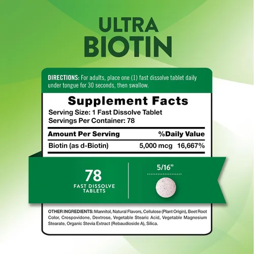 Vista 2 de Nature's Truth Biotin 5000mcg 78 tabletas de disolución rápida Sabor natural de bayas Vegano, sin OMG y sin gluten