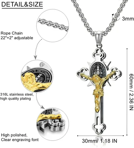 Vista 5 de Collar con colgante de cruz de oración del Señor de acero inoxidable con crucifijo de Jesucristo y versículo bíblico para hombresniñosmujeres