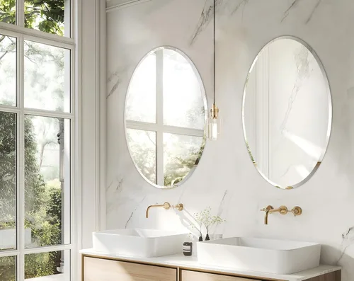 Vista 5 de Espejo de pared ovalado sin marco: Espejo decorativo elíptico de vidrio espejado para tocador con borde plateado biselado para baño, dormitorio