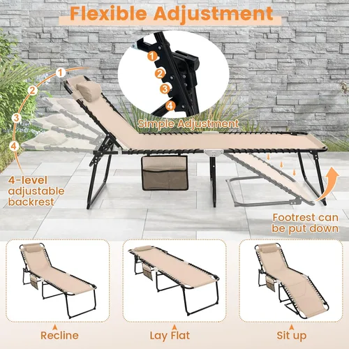 Vista 4 de Goplus Tumbona para exteriores, silla plegable de 5 posiciones para playa, con almohada desmontable, bolsillo lateral, tumbona para tomar el sol